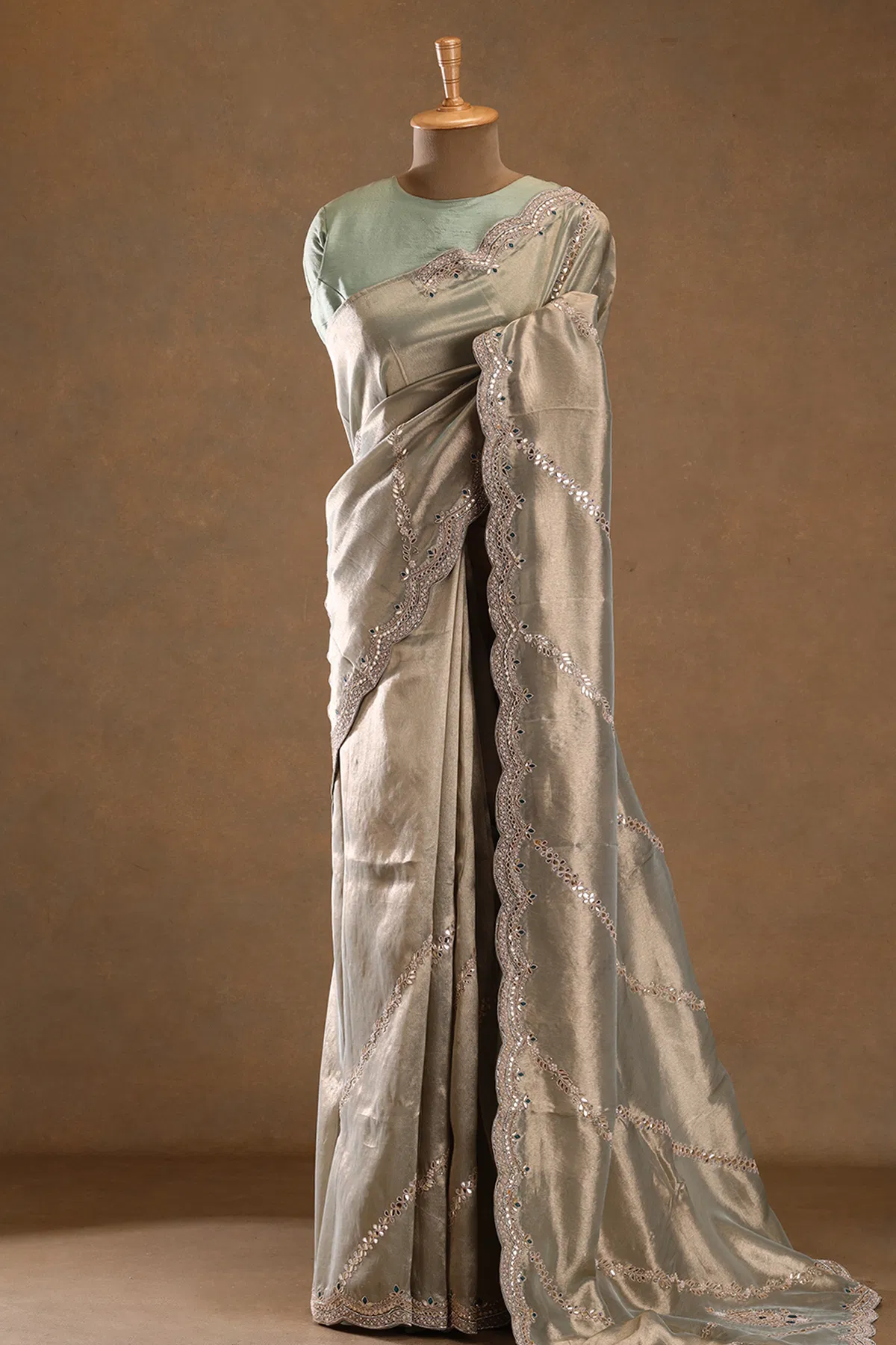 Mint blue gota embroidered tissue designer saree